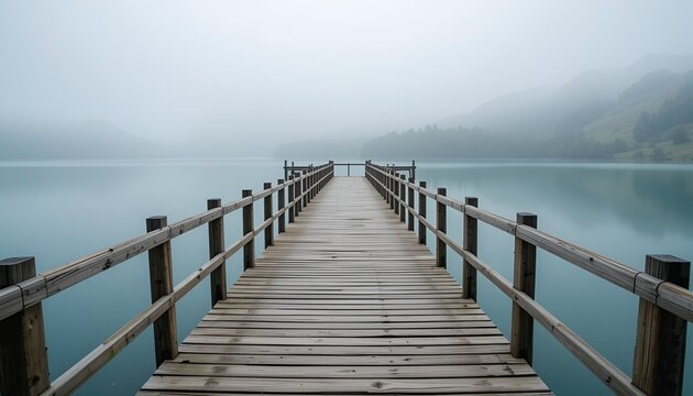 A solitary wooden pier stretches into a tranquil, misty lake enveloped in peaceful serenity.