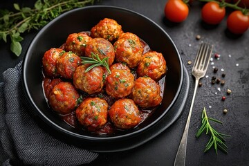Bowl of meatballs covered in red tomato sauce garnished with fresh herbs on a dark textured surface with sprigs of rosemary, cherry tomatoes, and a fork nearby