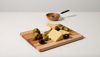 Wooden cutting board with cheese and olives