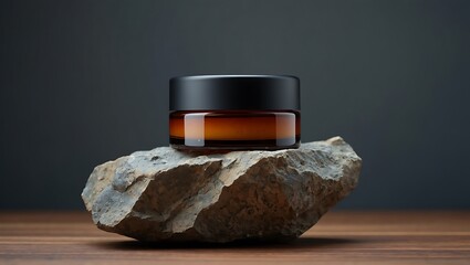 Amber Glass Jar with Black Lid on Natural Stone Display for Cosmetics or Skincare Product Presentation