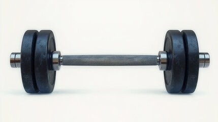 Metal dumbbell with black weight plates on both sides resting on a white surface symbolizing fitness and strength training
