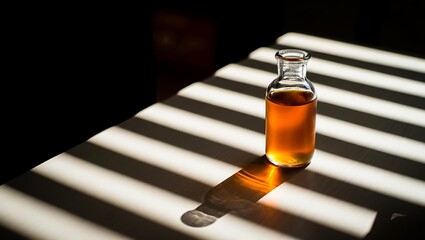 Amber Liquid in Glass Bottle with Sunlight and Shadow Stripes Casting a Beautiful Pattern on the Surface