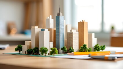 Architectural model of a city skyline with miniature trees pencils and design plans showcasing urban planning and future city development projects