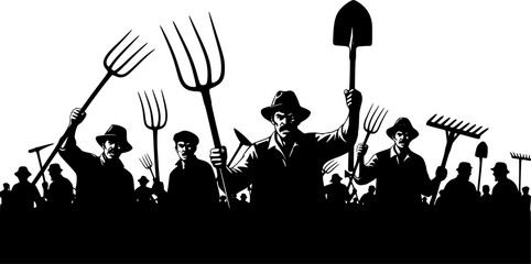 
Crowd of people with a pitchfork shovel rake. Angry peasants protest demonstration. Riot workers vector silhouette 