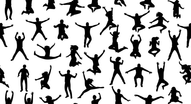 Silhouettes of many different jumping people, seamless pattern. Isolated on white background. 