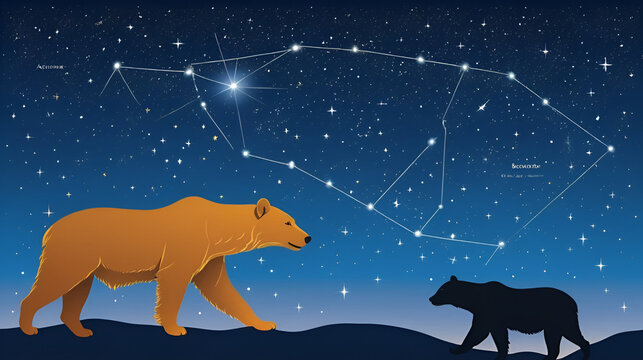 Scheme of the starry sky with Polaris and Arcturus. Vector illustration links the Ursa Major, Ursa Minor and the constellation Bootes.