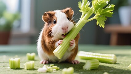 Adorable Guinea Pig Eating Fresh Celery on Green Surface