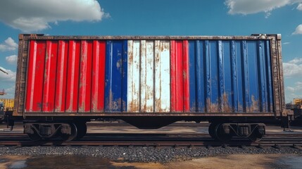 Obraz premium Rusty metal freight container painted with red, white, and blue vertical stripes sitting on train tracks under a partly cloudy sky