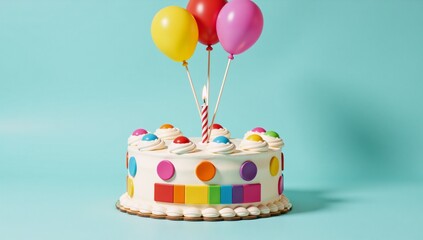 Fun cartoonish birthday cake with balloons on a pastel backdrop
