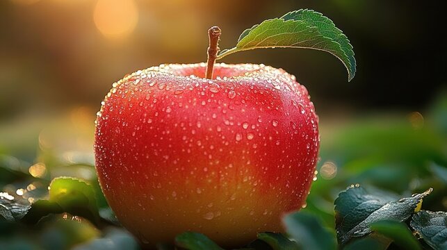 Fresh red apple covered in morning dew with a green leaf attached, surrounded by blurred foliage in soft warm sunlight