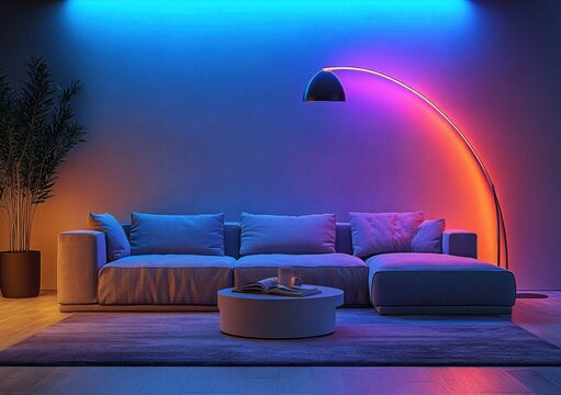 Modern living room with gray sectional sofa under colorful gradient LED lighting and a large curved floor lamp, featuring a round coffee table and potted plant against a plain wall