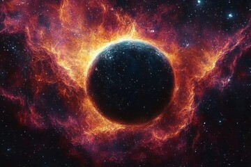 Naklejka premium Dark celestial sphere surrounded by fiery glowing cosmic nebula with stars scattered in deep space evoking mystery and awe