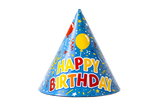 Colorful blue birthday party hat with confetti, stars, and balloon design featuring “Happy Birthday” text, isolated on white background, perfect for celebrations, kids’ events, and festive decor.
