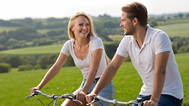 Cycling Bicycle Young Couple Man Woman Blond Smile 