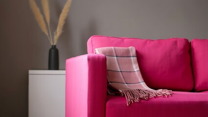 Bright Pink Sofa with Throw Blanket and Pampas Grass Minimalist Home Decor Styling Interior Design Inspiration