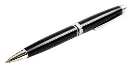 Elegant black ballpoint pen with metallic accents, isolated on white background, perfect for office stationery, writing tools, professional accessories, and business desktop essentials.

