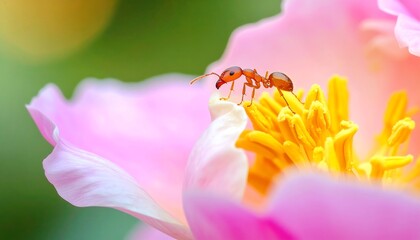 Tiny ant on a vibrant pink peony
