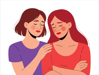 Vector illustration showing woman comforting sad girl expressing empathy friends support depression stress anxiety therapy concept ideal for mental health awareness