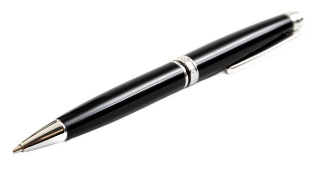 Elegant black ballpoint pen with metallic accents, isolated on white background, perfect for office stationery, writing tools, professional accessories, and business desktop essentials.


