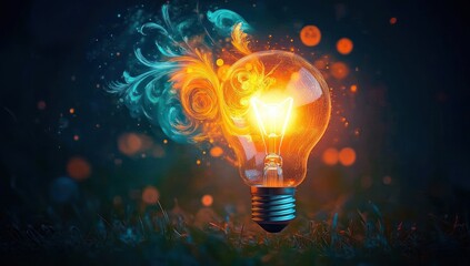 Glowing light bulb with swirling orange and blue flames surrounded by luminous orbs in dark environment conveying creativity and inspiration