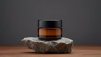Elegant amber glass jar with black lid showcased on a textured rock for natural beauty product presentation and minimalist design