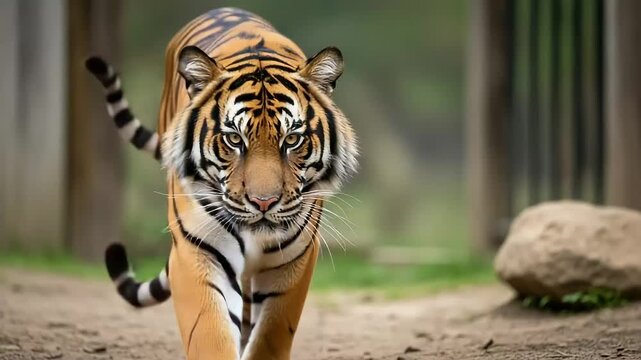 Majestic tiger prowls with intensity directly toward the camera lens