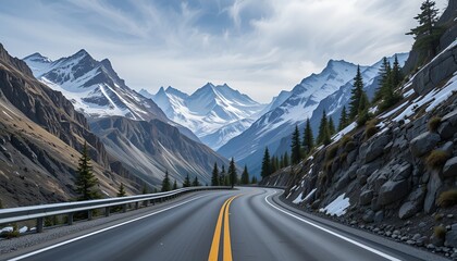 Scenic mountain road curving through a valley with snow-capped peaks under a bright sky