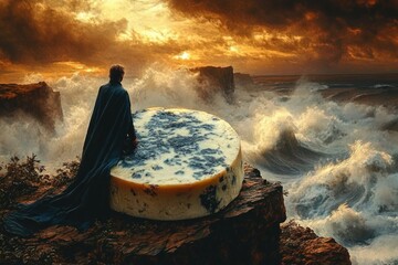 A lone figure in a dark cloak stands on rocky cliffs beside a giant round of blue cheese, gazing out at turbulent crashing ocean waves under a dramatic sunset sky