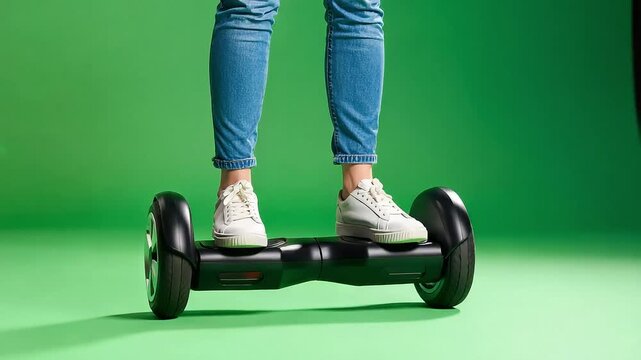 Person on hoverboard with green background showcases modern transportation