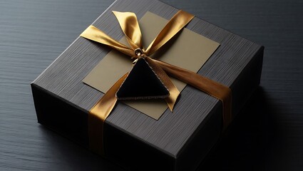 Elegant gift box with golden ribbon and tag against a dark textured backdrop sophisticated presentation suitable for special occasions