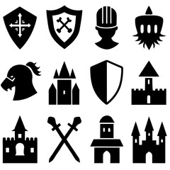 Collection of medieval knights shields castles swords and helmet icons representing heraldry and warfare