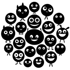 A diverse collection of happy black silhouettes of round characters with different expressions and features