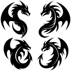 Collection of four stylized black dragon silhouettes on a white background