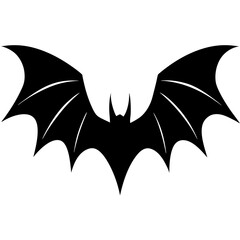 A black silhouette of a bat with outstretched wings and sharp points against a white background