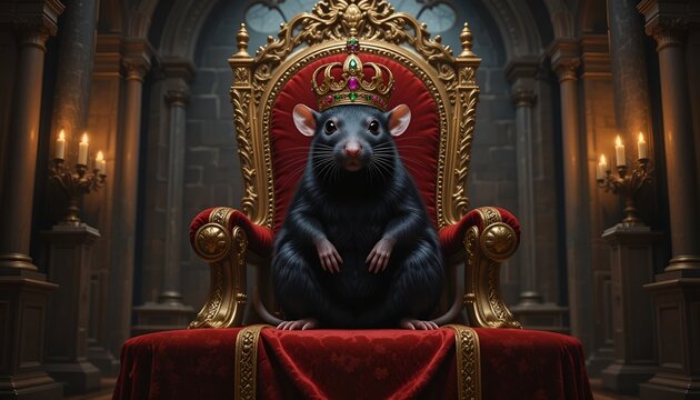 A dark rat sits regally on a throne in a grand hall, wearing a jeweled crown and majestic