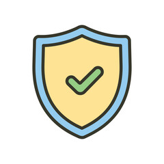 A cartoon icon of a checkmark inside a shield, symbolizing protection, security, and a verified seal of safety.