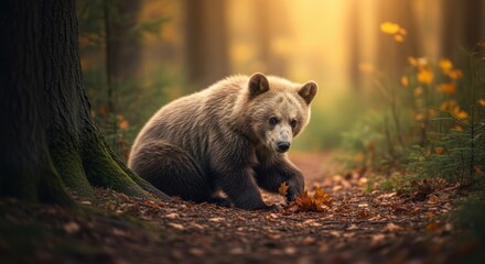 A brown bear sitting on the forest floor playing with leaves in a sunlit woodland environment scene