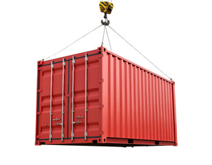Red Shipping Container Lifted by Industrial Crane Hook, Frontal Hanging View, Isolated