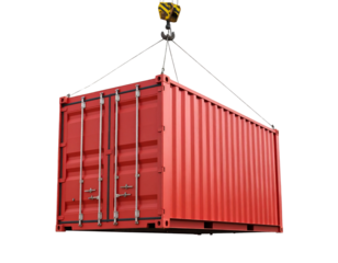 Red Shipping Container Lifted by Industrial Crane Hook, Frontal Hanging View, Isolated