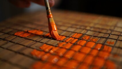 Painting a Wooden Grid with Vibrant Orange Color Capturing Artistic Expression and Creative Design Techniques at a Close Up Perspective