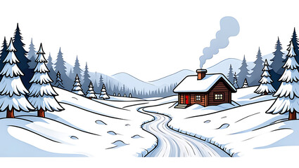 Naklejka premium Cozy cabin in snowy winter landscape with winding road