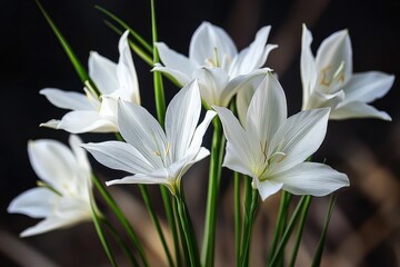 Cluster of delicate white flowers with long green stems and slender leaves against a dark blurred background, evoking purity and calmness