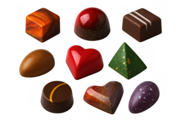 Nine delicious chocolate pralines with different shapes and colors forming a varied composition on transparent background