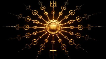 Golden radial pattern with interconnected geometric shapes and circles glowing against a dark background, evoking a sense of symmetry and elegance