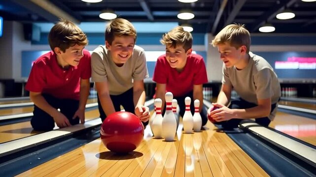 Four young boys focusing intently on bowling pins and a ball while enjoying their time at the bowling alley in a vibrant club setting