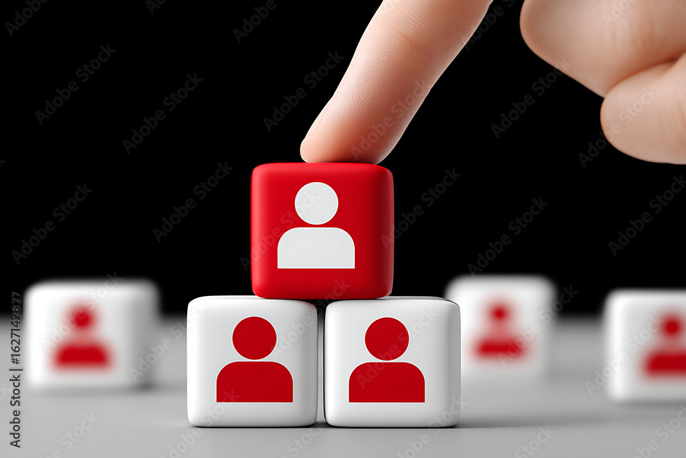 Poster building a team with white and red cubes showcasing diverse representations in a creative workspace