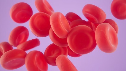 Red Blood Cells Microscopic View for Medical Research and Scientific Visualization Depicting Erythrocytes in Detail on a Light Purple Background