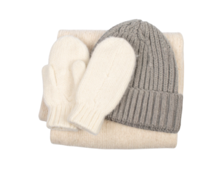Furry Mittens Stacked with Winter Accessories, Top View Layered Composition, Transparent Background