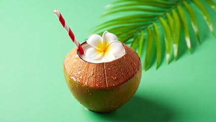 Refreshing Coconut Drink with Frangipani Flower and Striped Straw on Green Background Summer Tropical Vacation Concept