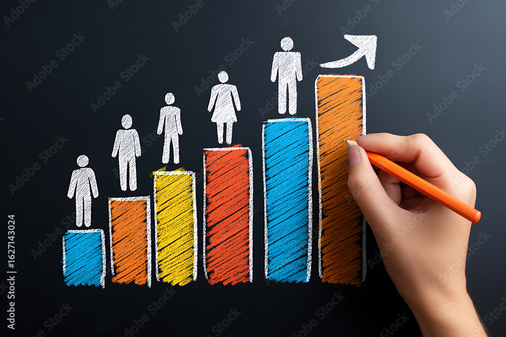 Poster growth chart illustrating progress with diverse figures and an upward arrow represented in colorful 
